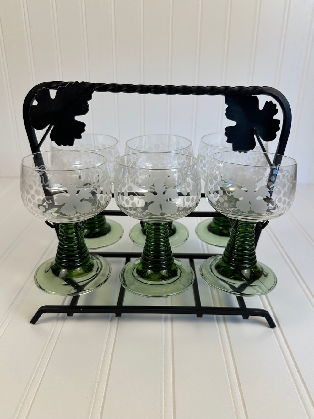 Vintage Roemer Green Beehive Stem Wine Glasses Set of 6 with Wrought Iron Caddy
